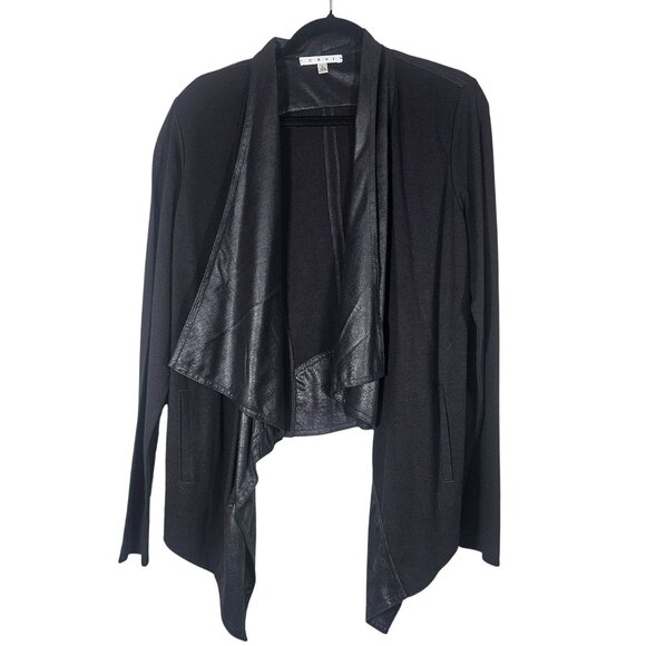 CAbi Women Black Faux Leather-Trim Waterfall Jacket M Whimsygoth Glam Minimalist - Picture 3 of 14